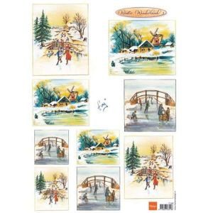 List A4 s malovanými obrázky zimní krajina na ledě