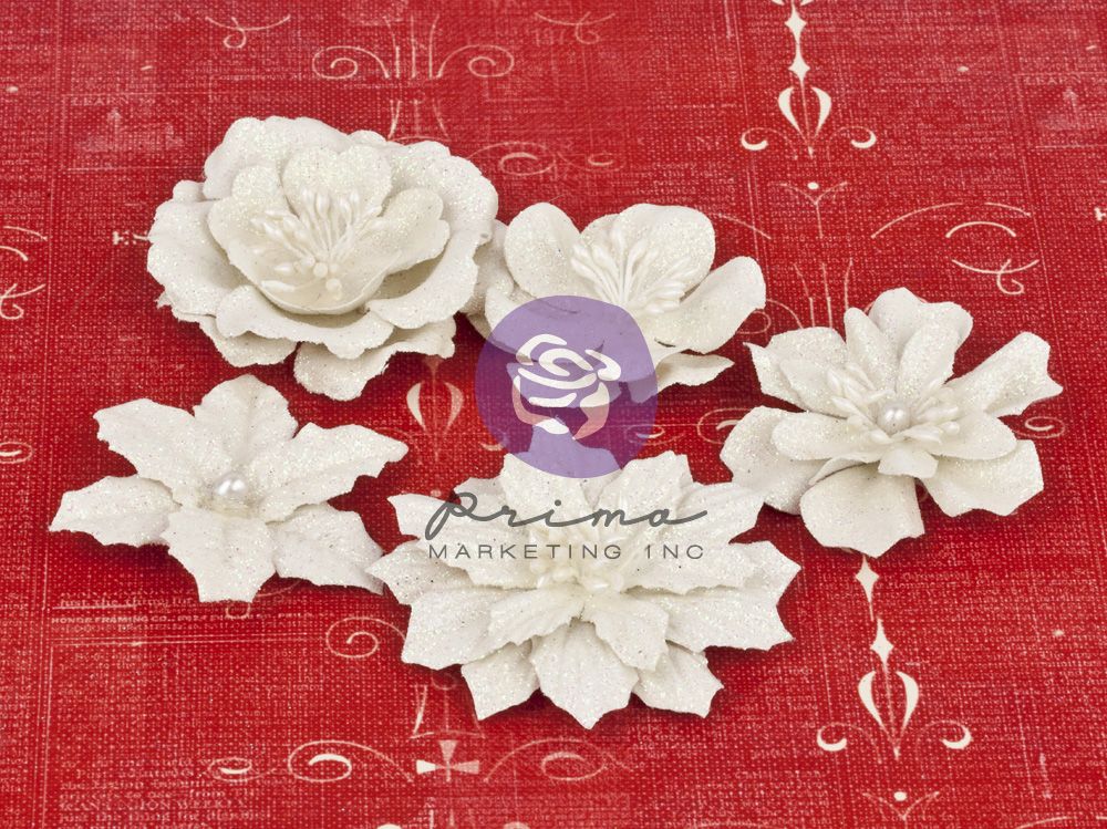 Papírové kytky jako dekorace na scrapbooking - Christmas Flowers White, zdobené květiny Prima Marketing