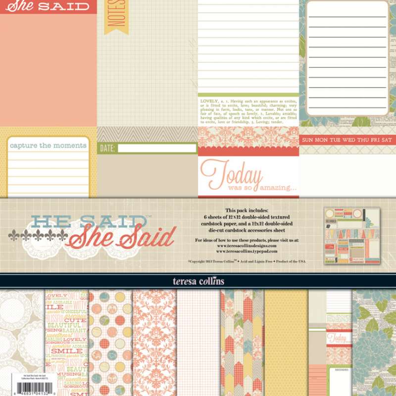 She Said: Collection Pack, sada papírů na scrapbooking a 1 list výseků a kartiček na zdobení stránek do alba Teresa Collins