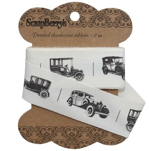 Bavlněná tištěná stuha Retro Cars šíře 2,5cm SCRAPBERRYS