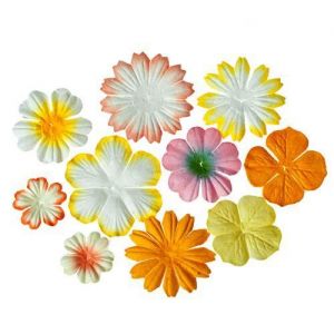 Sada mini dekoračních papírových květin - žluto-oranžové (10ks)